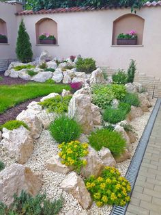 an outdoor garden with rocks and flowers