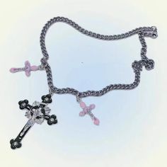 Y2K Rainbow Skull Cross Necklace - Juneptune Elegant Metal Cross Necklace With Clavicle Chain, Metal Clavicle Chain Necklace With Cross Pendant, Metal Cross Clavicle Chain Jewelry, Pink Alloy Necklace For Party, Pink Alloy Party Necklace, Black Gothic Alloy Necklaces, Gothic Black Alloy Necklaces, Trendy Cross Jewelry For Party, Pink Metal Charm Necklace With Chain