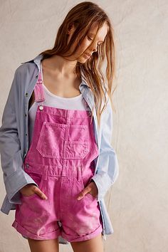 A shortened version of our favorite Ziggy Overalls! **Fit:** Relaxed, bib-and-brace silhouette **Features:** Front bib pocket, rolled hemlines, adjustable straps, side button closures, five-pocket design, frayed cuffs **Why We | We The Free Ziggy Shortalls at Free People in Pink, Size: S Ziggy Shortalls, Ziggy Overalls, Overalls Outfit Summer, Coverall Outfit, Overall Shorts Outfit, Boho Overalls, Overalls Fit, Summer Camping Outfits, Overalls Outfits