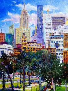 a painting of a cityscape with tall buildings and trees in the foreground