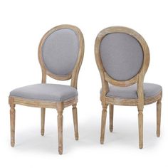 two chairs with grey upholstered back and seat cushions, one in the shape of a circle