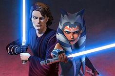 two characters from star wars holding lightsabes