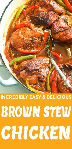 the brown stew has chicken in it and is ready to be eaten