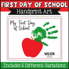 the first day of school handprint art for children with an apple and hand print