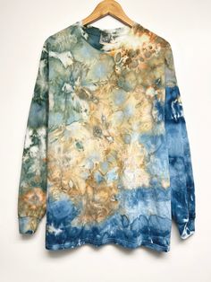 Hand made Tie dye Long sleeve T-shirt , 5.3oz 100% cotton T-shirt.  There will be variations in each T-shirt, I will do the best to keep the same look as the samples.  Suggestions for improvement are appreciated. If not satisfied, please contact me. Hand Dyed Tie Dye Tops For Fall, Blue Long Sleeve Bleached Top, Oversized Hand Dyed Tops For Fall, Acid Wash Long Sleeve T-shirt For Fall, Watercolor Tie Dye, Navy Watercolor, Hunter Brown, Shibori Pattern, Shipping Label