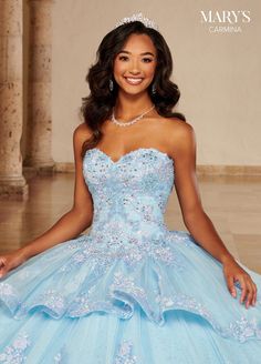 Look timeless in this lace applique long strapless dress with A-line skirt by Mary's Bridal Quinceanera MQ1098. This glitter tulle quinceanera ball gown features a sweetheart neckline, lace appliques, beading, peplum skirt, lace-up back closure, sweep train, and a bolero jacket. Mary's Bridal Carmina Collection: Spring 2022 Style Number: MQ1098 Fabric: Tulle, Glitter Tulle, Applique, Beading Colors: Light Blue Sizes Available (as of 12/2/2024): 12, 14, 16 Occasion: Quinceañera, Sweet 16, Debutan Long Strapless Dress, Quinceañera Dresses, Tulle Applique, Rachel Allan Prom Dresses, Mary's Bridal, Debutante Ball, 2022 Style, Peplum Skirt, Rachel Allan