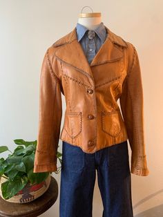 "Shoulder to Shoulder: 17\" Underarm to Underarm: 18-1/2\" Waist: 16-1/2\" Sleeve Length: 22-1/2\" Overall Length: 23\" This jacket is a thing of vintage beauty, super soft leather, not heavy at all, and so easy to wear with everything. I will probably kick myself for selling it, it is that good. Beautiful Whipstitch seams throughout, two small front pockets,  and button front. A few small issues and darkening of leather (see pics), I think they personally add to the character and beauty of this jacket. Please double check measurements to ensure a proper fit, all sales are final. Thank you so much!" 1800s Outfits, 1800s Clothing, Princess Closet, Seventies Fashion, Vintage Leather Jacket, Style Upgrade, Vintage Beauty, A Thing, Missoni