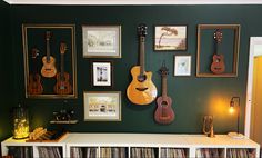 Dark Green wall
Gallery wall
Ukulele
Guitar
Trumpet
Vinyl records 
Music Room Gallery Wall With Instruments, Instrument Display Wall, Instrument Display Ideas, Music Room Gallery Wall, Guitar Gallery Wall, Gallery Wall With Guitar, Instruments On Wall, Green Music Room, Guitars On Wall