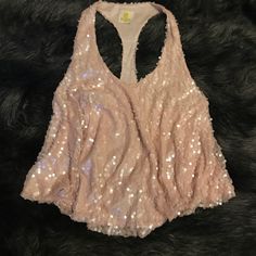 Sheer, Fully Lined Racer Back Tank Top Could Be Considered A Long Crop Top Or Shorter Tank Covered In Sequins (Front & Back) Blush Pink Size S - Oversized, Could Easily Fit Other Sizes Purchased From A Local Boutique And New Without Tags Sequin Sleeveless Top For The Beach, Sleeveless Sequin Tops For The Beach, Beach Tops With Sequins And Stretch Fit, Beach Sequined Stretch Tops, Stretch Sequined Tops For Beach, Stretch Sequin Tops For Beach Occasions, Stretch Sequins Tops For The Beach, Sequin Tank Top, Sequin Tank