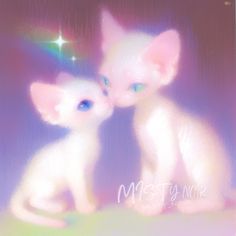 two white kittens sitting next to each other in front of a rainbow colored background