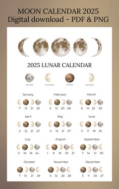 the moon calendar is shown with phases and dates for each month, as well as an image