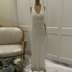 Gorgeous, Halter Style, Backless, Sequin Gown By Marina. Size 8. New With Tags. Marina Dress, Sequin Gown, Gowns Of Elegance, Halter Style, Silver Sequin, White Silver, Sequin, White Dress, Wedding Dresses