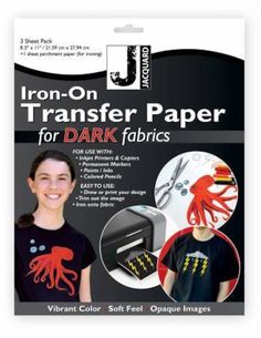 the iron - on transferer paper for dark fabrics is shown with an octopus design