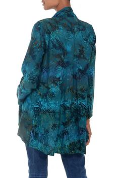 Long Sleeve Women's Rayon Jacket with Teal Floral Print - Kenanga | NOVICA Green Lagenlook Long Sleeve Blouse, Turquoise Long Sleeve Outerwear For Spring, Green Floral Print Long Sleeve Outerwear, Green Long Sleeve Outerwear With Floral Print, Long Sleeve Turquoise Tops For Fall, Turquoise Long Sleeve Tops For Fall, Bohemian Turquoise Long Sleeve Blouse, Rayon Top, Open Front Jacket