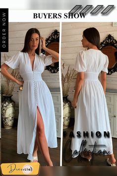 Clacive White Sexy Single-breasted Women's Dress Elegant Short Sleeve V-neck Party Dresses Lady Casual Slim Midi Dress Dress Elegant Short, Elegant Dresses For Women, Color Pick, Party Dresses For Women, Online Store, Dress Shop, Midi Dress, V Neck, Womens Dresses