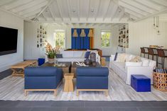 a living room filled with furniture and a flat screen tv mounted on the wall above it