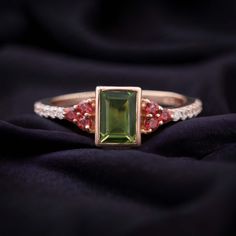 Vintage Peridot Garnet Anniversary Ring, 14k Rose Gold Emerald Cut Gemstone Art Deco Diamond Wedding Ring Bridal Ring Birthday Gift For Her It is a very versatile ring and you can easily pair this ring with round gemstones or the stones with clean geometric lines. You can choose this ring as an alternative engagement band or you can use this to your stack for the hint of Emerald elegance.  Welcome to BlushJewelryStudio JUST OPENED- Experience beautiful jewelry that complements your everyday styl Green Wedding Rings For Valentine's Day, Rose Gold Rings With Gemstone Accents As Gift, Gift Rose Gold Rings With Gemstone Accents, Rose Gold Multi-stone Birthstone Ring For Anniversary, Anniversary Multi-stone Birthstone Ring In Rose Gold, Anniversary Rose Gold Diamond Ring With Gemstone Accents, Rose Gold May Birthstone Ring For Anniversary, Anniversary Rose Gold Multi-stone Birthstone Ring, Rose Gold Diamond Ring For May Birthstone Gift