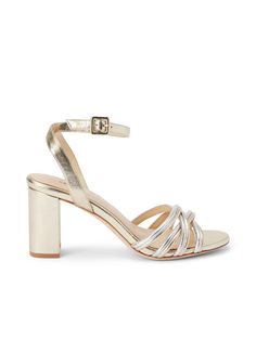 L'AGENCE - Acelynn Block-Heel Sandal in Gold/Silver Crackle Spring Gold Sandals With Contrasting Heel Counter, Metallic Heels With Padded Heel For Spring, Metallic Sandals With Wrapped Block Heel, Spring Metallic Sandals With Wrapped Heel, Metallic Heels With Branded Heel Counter For Spring, Metallic Heels With Buckle Closure For Spring, Spring Metallic Heels With Buckle Closure, Metallic Spring Heels, Metallic Sandals With Stacked Block Heel