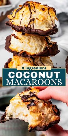 three coconut macaroons stacked on top of each other with chocolate drizzle