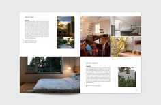 an open brochure with pictures of houses and trees in the background, on top of a bed