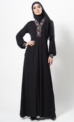 Machine Embroidered Flared Abaya Dress And Hijab Set - EastEssence.com Modest Black Kaftan For Eid, Black Embroidered Maxi Dress For Eid, Modest Embroidered Maxi Dress For Eid, Black Long Sleeve Maxi Dress For Eid, Black Modest Dress For Eid, Modest Black Dress For Eid, Black Long Sleeve Dresses For Eid, Modest Embroidered Long Sleeve Maxi Dress, Modest Long Sleeve Embroidered Maxi Dress