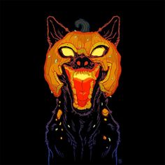 an orange and black cat with glowing eyes on it's face, in the dark