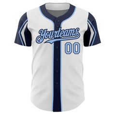 Custom White Light Blue-Navy 3 Colors Arm Shapes Authentic Baseball Jersey Customizable Blue Varsity Jersey, Blue Varsity Baseball Jersey With Team Name, Blue Baseball Jersey With Letter Print For Team Events, Blue Baseball Jersey With Team Name For Team Spirit, Blue Team Spirit Baseball Jersey With Team Name, Blue Baseball Jersey With Letter Print For Baseball Season, Blue Letter Print Baseball Jersey For Baseball Season, Blue Baseball Jersey With Letter Print, Blue Jersey With Baseball Collar