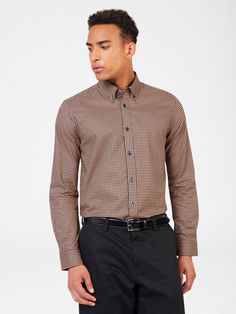 A regular fit shirt designed with a chevron print. Featuring a curved hem, two finger button down collar and a Ben Sherman branded woven tab on the side seam. Made from 100% cotton. Shirts Long Sleeve, Old Shirts, Chevron Print, Button Down Collar, Print Shirt, Burnt Orange, Workout Shirts, Printed Shirts, Casual Shirts