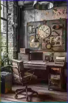 an old fashioned desk with a large clock on the wall and other items around it