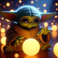 an animated yoda sitting in front of some lights