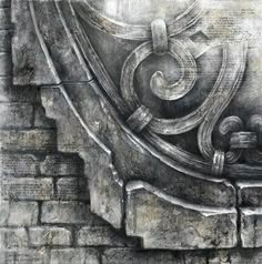 an artistic drawing on the side of a brick wall with a clock in it's center