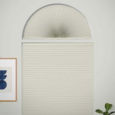 an arched window with white blinds in a living room next to a potted plant