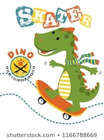 a dinosaur riding a skateboard with the words dino on it