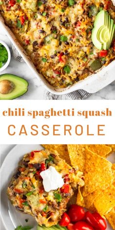 this chili spaghetti casserole is loaded with cheese, tomatoes, green peppers and avocado