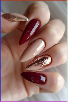 These are scary good Red Beige Nails, Beige Nails Ideas, Nail Autumn, Wine Nails, Gold Glitter Nails, Cute Nails For Fall, Beige Nails