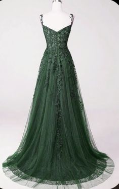 Lace Green Prom Dress, Dark Green Ball Dress, Slytherin Prom Dress, Dark Green Dress Formal, Dark Green Wedding Dress, Long Dark Green Dress, Fancy Green Dress, Prom Dresses Dark Green, Whimsical Prom Dress