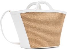 Structured woven cotton and nylon-blend top handle bag in beige and white. · Buffed calfskin trim throughout · Twin carry handles · Adjustable post-stud shoulder strap · Logo embroidered at face · Detachable drawstring pouch at interior · Zip pocket at interior · Cotton twill lining · H8.5 x W12 x D8 Supplier color: Sand storm Designer White Bucket Bag With Top Carry Handle, Luxury White Bucket Bag With Top Handle, Luxury White Bucket Bag With Top Carry Handle, Designer White Bucket Bag For Travel, Designer White Bag With Rolled Handles, Designer White Bags With Rolled Handles, Designer Cream Bag With Braided Handles, Designer Cream Bags With Braided Handles, Designer White Bucket Bag With Leather Handles