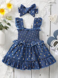 Baby Summer Dresses, Baby Frock Pattern, Dot Print Dress, Girls Frock Design, Kids Fashion Dress, Shirred Dress