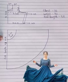 a paper with a drawing of a woman in a blue dress on top of it