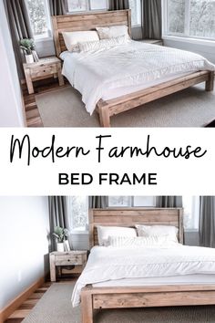 the modern farmhouse bed frame is made from wood