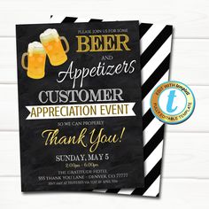 this is an image of a beer and appetizers appreciation event card with thank you