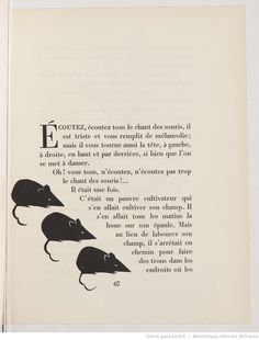 an open book with two black mice on it's pages and the words e written in french