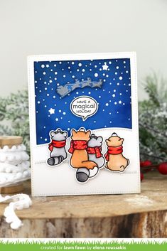 a christmas card with two pooh bears on it and snowing trees in the background