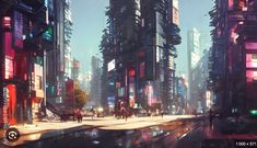 a futuristic cityscape with people walking on the street