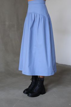 Light Blue Midi Skirt Fall Cotton Skirt Flared A Line Skirt Romantic Drop Waist Skirt For Women Victorian High Waisted Tiered Skirt Yoke Skirt Stylish blue midi skirt. A line cotton skirt back YKK zipper closure and button.  Victorian skirt. Romantic skirt with an original curly yoke. Fall flared skirt for women Occasions: daily, vacation, wedding, casual, outdoor, holiday, party, evening, back to school skirt Composition: 95% cotton, 5% elastane. Pleasant to the touch and breathing material. Co Skirt Yoke, Yoke Skirt, Romantic Skirt, Midi Skirt Fall, Victorian Skirt, Light Blue Skirts, Drop Waist Skirt, Vacation Wedding, Blue Midi Skirt