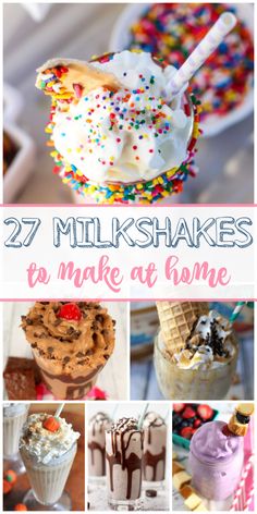 the collage shows different types of milkshakes and ice creams with sprinkles on them