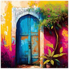 a painting of a blue door and potted plant in front of a colorful wall