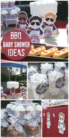 a collage of photos with baby shower items and food on it, including cupcakes