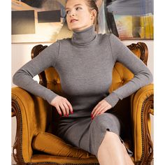 Knit Turtleneck Midi Dress - ALICE Material: Crafted from 100% merino wool for luxurious softness and warmth.   Colors Available: Grey, black, and dark blue (navy).   Sizes: XS, S, M, L, XL. The model, standing at 172 cm (5'65"), is wearing a size S. Features of the ALICE Knit Midi Dress: - Turtleneck design - Fine knit texture - Fitted silhouette - Long sleeves - Midi length Experience the perfect blend of elegance and comfort with the ALICE Knit Midi Dress, ideal for any occasion. www.kristael Fitted Wool Sweater Dress For Winter, Classic Fitted Sweater Dress For Winter, Elegant Gray Knitted Sweater, Fitted Gray Merino Wool Sweater, Model Standing, Merino Wool Dress, Turtleneck Midi Dress, Chic Summer Style, Turtleneck Dress