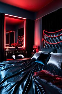 a bed with black sheets and red lights